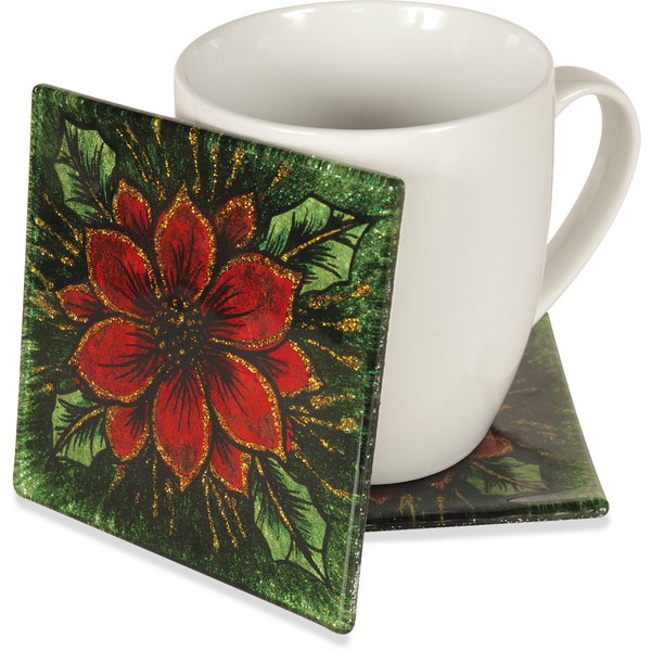 AngelStar Poinsettia Decorative Glass Coaster, 4-Inch, Set of 4