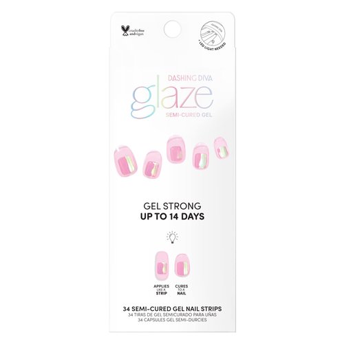 Dashing Diva Glaze Nail Strips - Pink Dew | Works with Any LED Nail Lamp | Long Lasting, Chip Resistant, Semicured Gel Nail Strips | Contains 34 Salon Quality Nail Wraps, 1 Prep Pad, 1 Nail File