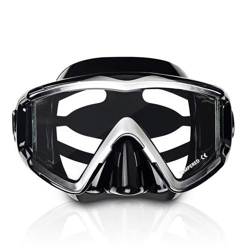 Adult Pano 3 Window Scuba Diving Mask, Tempered Glass Snorkel Mask Anti-Fog Swim Mask No Leakage Swim Goggles with Nose Cover Snorkeling Gear for Snorkeling, Freediving, Swimming (Black)
