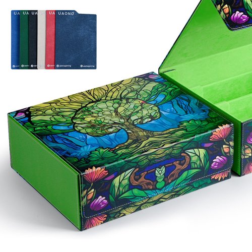 UAONO Card Storage Box for MTG, Trading Card Deck Box Holds 1800+ with 6 Dividers, Leather Printing Magnetic Closure Card Storage Case Fits TCG CCG Sports Cards (Green, Tree)