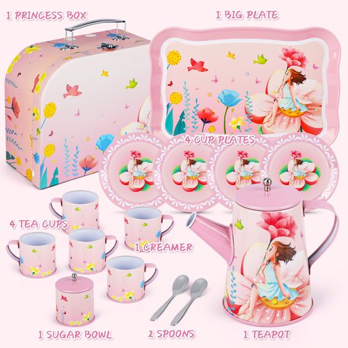 Kids Tea Party Set for Little Girls Birthday Gift Toys for 3 4 5 6 7 8 Year Old Girls, Cute Princess Play Toddlers Tin Tea Set, Pretend Toys with Desserts, Flower Teapot & Teacup & Carrying Case