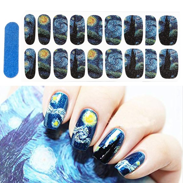 3D Van Gogh's Starry Night Fullnail Stickers, Full Nail Starry Sky Art Gel Nail Polish Sticker Decals, Shimmery Glittery, Long Lasting, Easy to Apply & Remove - 2 Sheets(28 Nail Wraps) and 1 Nail File
