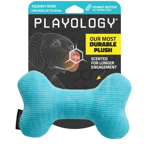 Playology Plush Squeaky Bone | Engaging All Natural Peanut Butter Scented Plush Dog Toy with Interactive Squeaker for Medium Dogs up to 50lbs | Easy to Clean | Squeak, Chew, Fetch, and Play!
