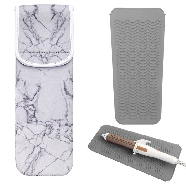 Catcan Hair Styling Tool Storage Bag Set with Heat Resistant Silicone Mat and Curling Iron Holder for Travel Daily Curling Iron Hair Straightener Storage (Grey Marble)