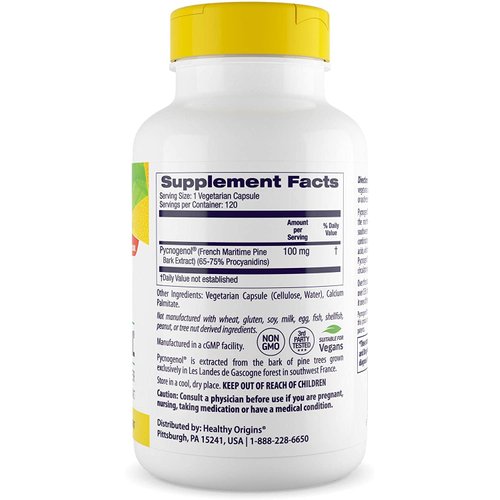 Healthy Origins Pycnogenol 100 mg - Premium Pine Bark Extract - French Maritime Pine Bark Extract for Heart Health, Skin Care & More - Gluten-Free & Non-GMO Supplement - 120 Veggie Caps