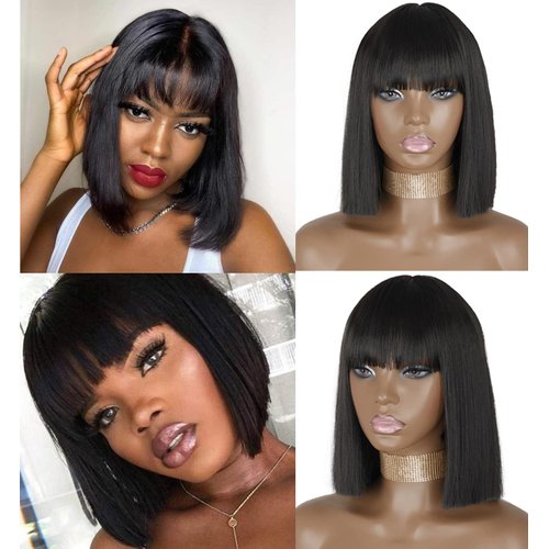 OiMiGO Bob Wigs with Bangs for Women,Synthetic Straight Bob Wig Natural Black Hair, Costume Wig 12Inch Short Black Wigs 150% Density for Women Cosplay Daily Party -Super Soft and Easy to Comb (#1B)