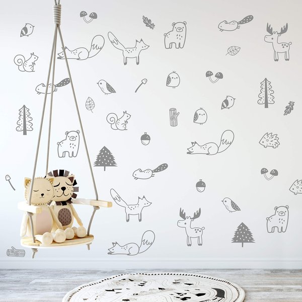 The Boho Design Forest Animal Wall Decals Peel and Stick for Kids, Baby Bedroom Nursery and Living Room. 36 pcs Adhesive Vinyl Wall Stickers Decor (Grey)