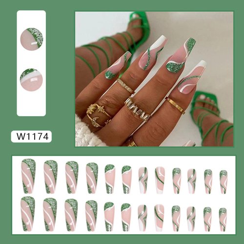 Glitter Green Irregular Pattern Press on Nails Extra Long Ballerina Fake Nails White Lines Coffin Nails Glossy Full Cover Artificial False Nails Design Reusable Stick on Nails Glue on Nails for Women