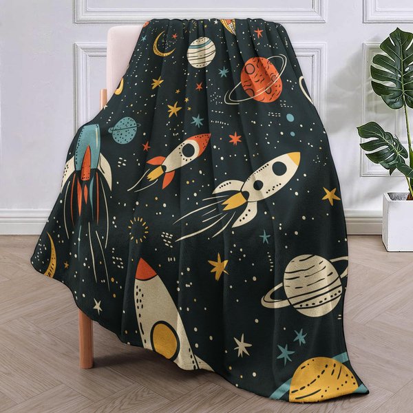 Rockets and Planets Throw Blanket Gifts for Kids Adults Soft Warm Lightweight Cozy Space Star Blankets for Bed Living Room Sofa Travel Home Decor 50"x60"