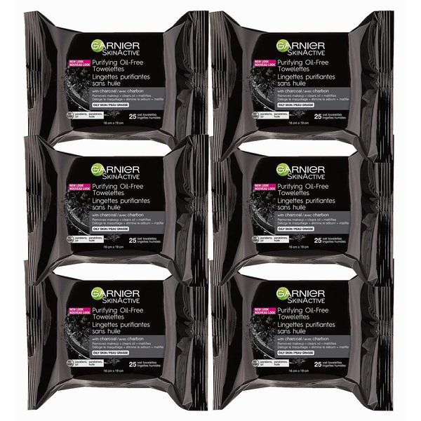 Garnier SkinActive Clean+ Charcoal Oil-Free Makeup Remover Wipes, 25 Count, 6 Pack