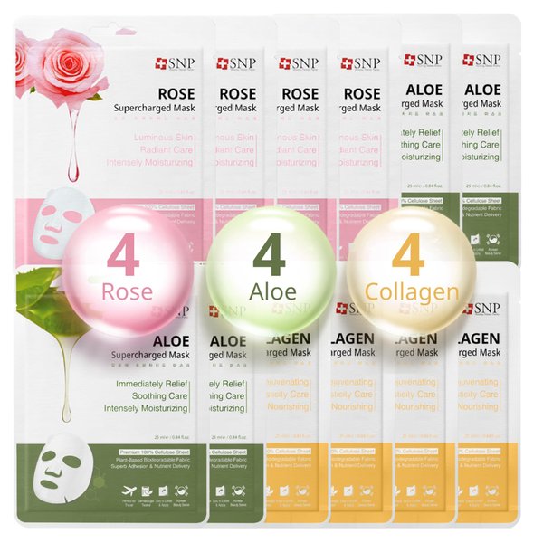 [K Beauty Snp] Supercharged Sheet Mask Set | Variety Sheet of 4-Collagen, 4-Aloe, 4-Rose Face Mask Sheet | Facial Mask for Hydrating and Moisturizing | Korean Skincare Gift Set | 12 Sheets