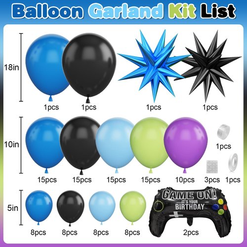 Video Game Balloon Arch Garland Kit, Blue Purple Green Black Party Balloons with 2Pcs Game Handle Foil Balloons for Video Game Theme Birthday Party Boys Game Night Decor