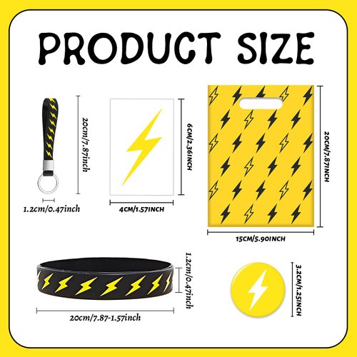 Lcnjscgo 60 PCS Lightning Bolt Party Favors Temporary Tattoos, Silicone Bracelets, Badges, Keychains, Goodie Bags for Flash Lightning Bolt Birthday Decorations, Gifts for Kids