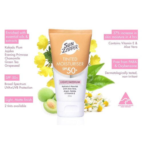 Sun Zapper BB Cream Tinted Moisturiser Light/Medium SPF 50+ Aloe Vera, Kakadu Plum, Jojoba, Vitamin E 50mL 1.69oz (Light/Medium) Moisturizer Made in Australia
