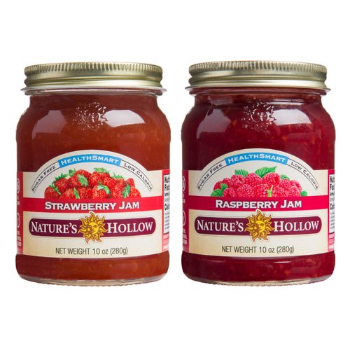 Nature's Hollow Strawberry Jam and Raspberry Jam: Sugar Free Preserves, Low Cal, Non GMO, Keto Friendly, Vegan, Gluten Free, and Diabetic Friendly - Sugar Free Jam - 10oz Pack of 2