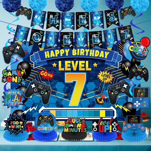 Video Game 7th Birthday Party Decorations Blue Black Happy Birthday Level 7 Banner Backdrop Honeycomb Centerpieces Hanging Swirls Tissue Paper Pompoms Kit for Boy 7 Years Old Game Controller Supplies