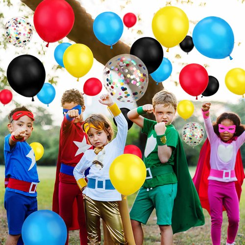 147 Pieces Theme Balloon Decorations Arch Garland Kit Include Blue Red Yellow Black Balloons with Confetti Balloons and Roll Tape for Kids Birthday Party Supplies