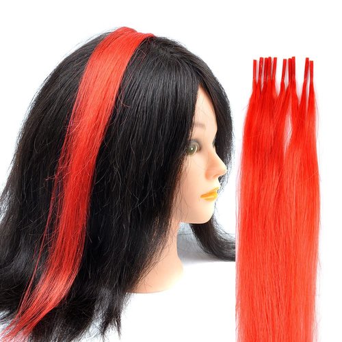Vieuinaux Rainbow Highlights Hair Extensions, 10 Strands/lot Colored I Tip Human Hair Extension For Women Girls Gift Cosplay Dress Up Party Feather Hair Extensions With Micro Beads And Pulling Needle And Pliers (16INCH, Red)