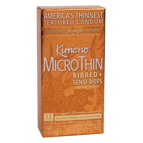 Kimono MicroThin Ribbed with Sensi-Dots - Textured Lubricated Condoms, Snug Form-Fit, Natural Latex Condoms, Vegan-Friendly, No Latex Odor - Enhanced Sensitivity - Pack of 12