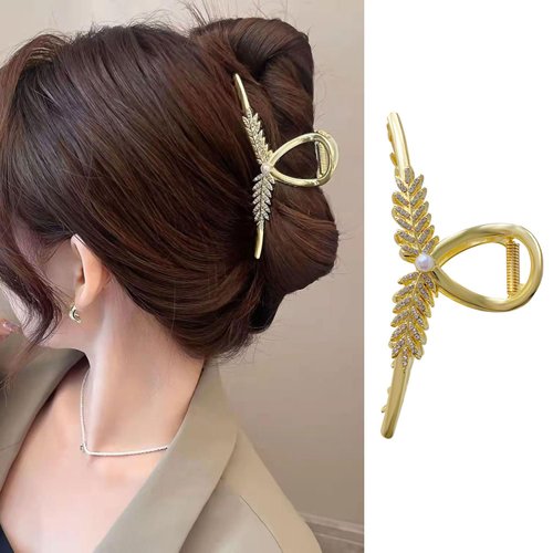 Wheat Hair Clips with Pearl Rhinestones Gold Metal Hair Accessories for Women Girls Elegant Wheat Ear Hair Claw Clips Shiny Hairpins Strong Hold Hair Clip for Thick or Thin Hair 1 Pcs