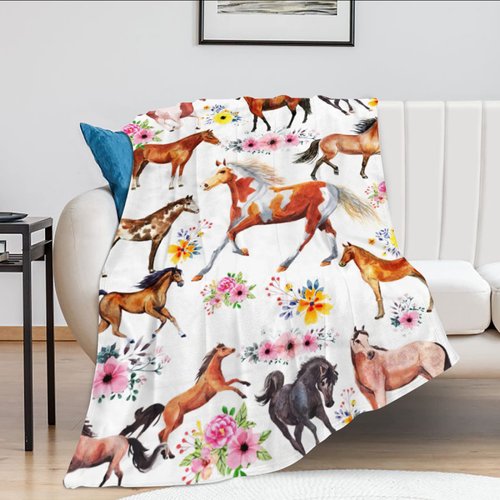 Horse Blanket Gifts for Girls Women Western Horses Flowers Fleece Flannel Throw Blankets Soft Lightweight Horse Plush Stuffed Animal Florals Throws for Horse Lovers Kids Adults Bed Sofa Decor 50"x40"