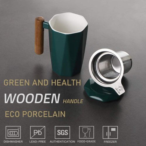 Sweejar Porcelain Tea Mug with Infuser and Lid, Wooden Handle, 17 Ounce, Geometric Shape Tea Cup for Steeping, Tea Lover, Gift, Home, Office (Jade)