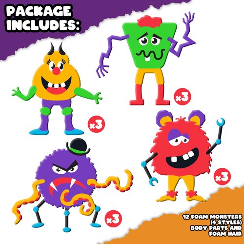 ArtCreativity DIY Halloween Foam Monster Craft Kit - 12 Sets - Mess-Free Halloween Craft Kits - Classroom and Halloween Party Activity for Kids