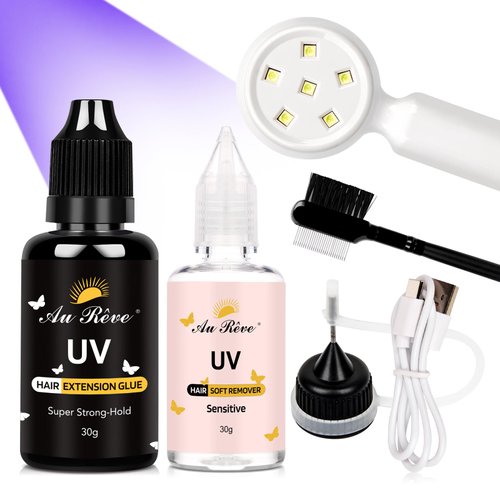 UV Hair Extensions Glue and Light UV Light Hair Extensions Kit Clear Glue UV-Light Glue with UV Light Hair Extension Comb Hair Glue Remover Wig Extensions Tools for Salon