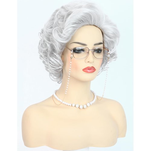Bettecos Old Lady Wig Costume Set for Women Short Curly Grandma Wig and Glasses Silver White Granny Wigs for Old Woman Cosplay Halloween Party (Silver White/Old Lady)