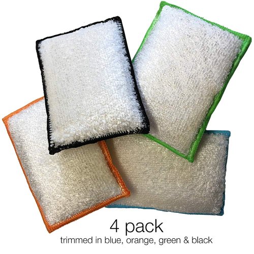 Whiffkitch Bamboo Fiber Sponges 4-Pack - Scrub-Non-Scratch, Reusable, Washable, Extra Absorbent, Durable, Multi-Tasking Household Cleaning, Naturally Hygienic Kitchen Sponges for Dishes