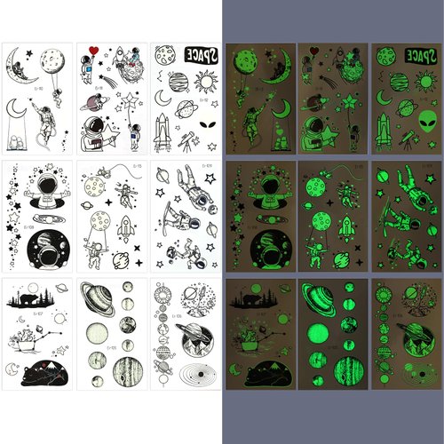 Jeffdad 9 Sheets Luminous Temporary Tattoos For Kids, Funny Planet Temporary Tattoos Glow Stickers Kids Temporary Tattoos for Party Supplies for Boys Children Outer Space Party Favors