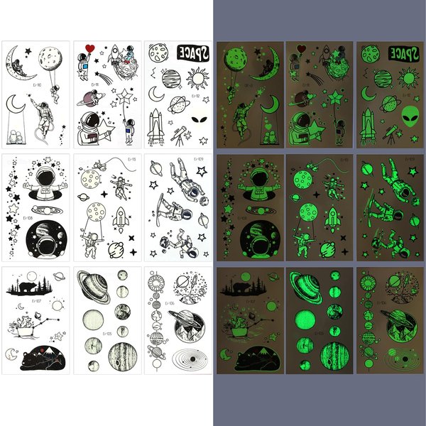 Jeffdad 9 Sheets Luminous Temporary Tattoos For Kids, Funny Planet Temporary Tattoos Glow Stickers Kids Temporary Tattoos for Party Supplies for Boys Children Outer Space Party Favors