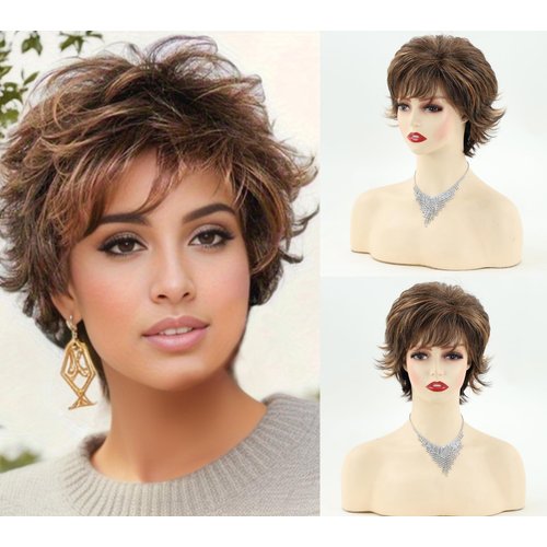 TISHINING Brown Short Curly Wigs for White Women Dark Brown Mixed Blonde Pixie Cut Synthetic Wig with Bangs Shag Layered Short Hair Wigs for Daily Party Use