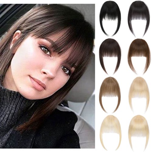 MY-LADY Bangs Hair Clip in Bangs Human Hair Wispy Bangs Fringe with Temples Hairpieces for Women Clip on Flat Neat Bangs One Piece Bang Hair Extension #02 Dark Brown