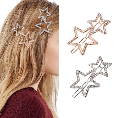 2Pcs Y2K Star Hair Clips, Geometric Rhinestone Star Accessories for Women and Girls, Durable Metal Star Barrettes, Non-Slip Stylish Hairpins, Silver and Gold (Gold Silver)