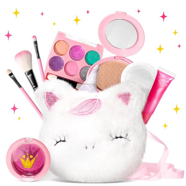 ULOVEME Kids Washable Makeup Kit for Girls 4-6 with Small Coin Purse(5.5x5.25in) - Real, Non Toxic Makeup for Little Girls - Umicorns Gifts for Girls (White Umicorn v2)