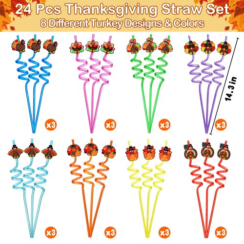 24Pcs Thanksgiving Party Favors Drinking Straws, Thanksgiving Turkey Straws Thanksgiving Party Decorations Supplies Friendsgiving Crazy Silly Straws Fall Thanksgiving Party Favors