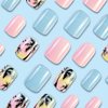 Square Press on Nails Short Fake Nails Pink with Blue Full Cover Glue on Nails Black Coconut Tree Sand Design False Nails Press ons Glossy Acrylic Nails Artificial Stick on Nails for Women 24Pcs