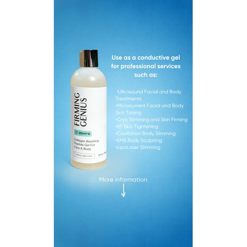 Zemits FirmingGenius | Conductive Gel - Collagen Boosting Peptide | Hyaluronic Acid, Hazelnut Oil, Sunflower Oil, Vitamin E | Facial & Body Treatments |12 fl oz