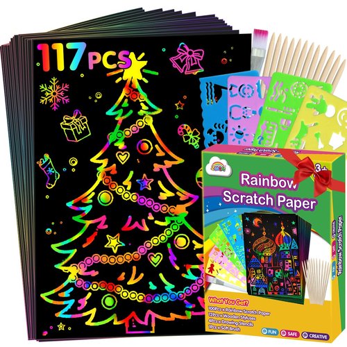 ZMLM Rainbow Scratch Paper Kit: 117Pcs Magic Art Craft Stuff Supplies Black Drawing Pad for Age 3-12 Kids Children Girl Boy DIY Toy Activity Educational|Party Faver|Christmas Birthday Gifts
