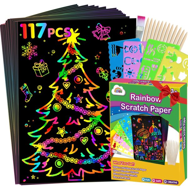 ZMLM Rainbow Scratch Paper Kit: 117Pcs Magic Art Craft Stuff Supplies Black Drawing Pad for Age 3-12 Kids Children Girl Boy DIY Toy Activity Educational|Party Faver|Christmas Birthday Gifts