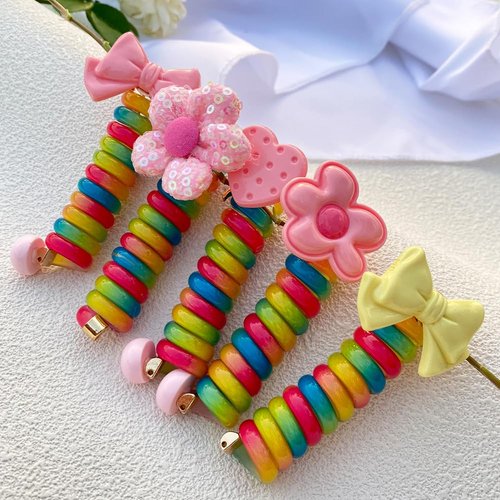 TSACOS Spiral Hair Ties For Girls Straight Telephone Wire Hair Tie Bowknot/Flowers Phone Cord Braided Elastic Hair Bands(Mix colorful 5 pcs)