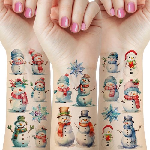 56PCS Winter Christmas Snowman Temporary Tattoos for kids, Xmas Party Decorations Supplies Favors for Girls Boys School Prizes Carnival Christmas