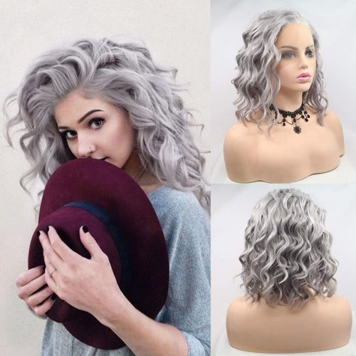 AFBeauty Short Wig Lace Front Wigs for Women Grey Colorful Wavy Wig Glueless Lace Wigs Heat Resistant Fiber Hair Synthetic Lace Front Wigs Silver Frontal Bob Wigs Daily Cosplay Wig 14 Inch