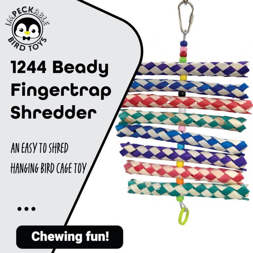1244 Beady Fingertrap Shredder - Handmade colorful bird cage toy, Soft bamboo finger traps, Colorful plastic beads, Rubber ring, Shape changing, Easy for pets to shred apart, Great for small size bird