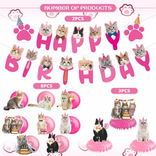 Cat Birthday Party Hanging Swirls - NOVBAUB 20PCS Lovely Pink Cat Birthday Party Supplies Honeycomb Centerpieces Cute Cat Theme Birthday Party Decorations for Cats Kids Teens Adults