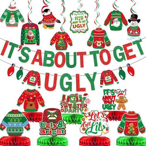 Ugly Sweater Party Decorations It&#39;s About To Get Ugly Banner Ugly Christmas Party Decorations Ugl...