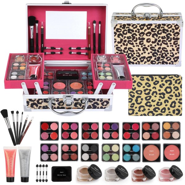 Anpro All-In-One Leopord Double Folding Makeup Carry Case with Pro Teen Makeup Set, Full Starter Kit with Makeup Brushes, Lipsticks, Eyeshadow Palette, Blushes, Glitter Gel, Ideal Present for Girls