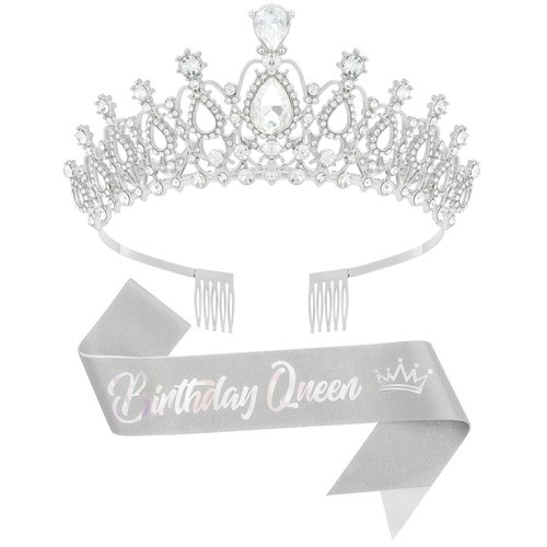 Queenship Birthday Tiara Crown with Sash for Women, Headband Hair Accessories for Birthday Queen Party