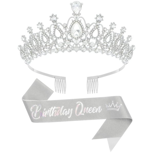 Queenship Birthday Tiara Crown with Sash for Women, Headband Hair Accessories for Birthday Queen Party